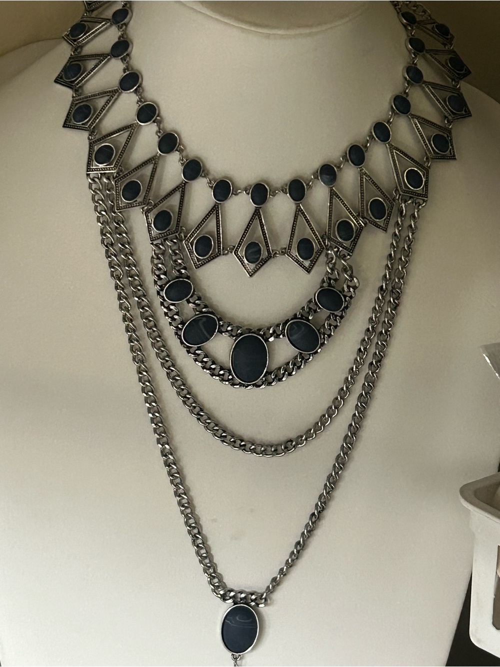 Multi-Layer Silver Necklace with Black Stone Accents - Women Jewelry